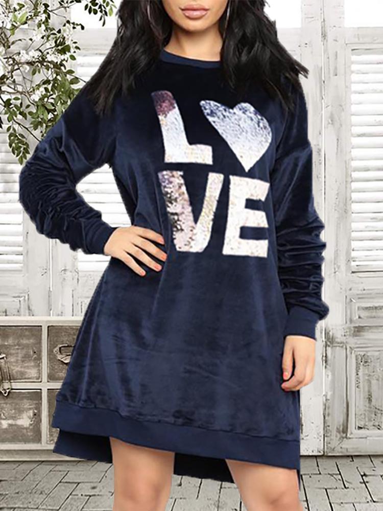 

Velvet Sequins Letter Casual Dress, Purplish blue