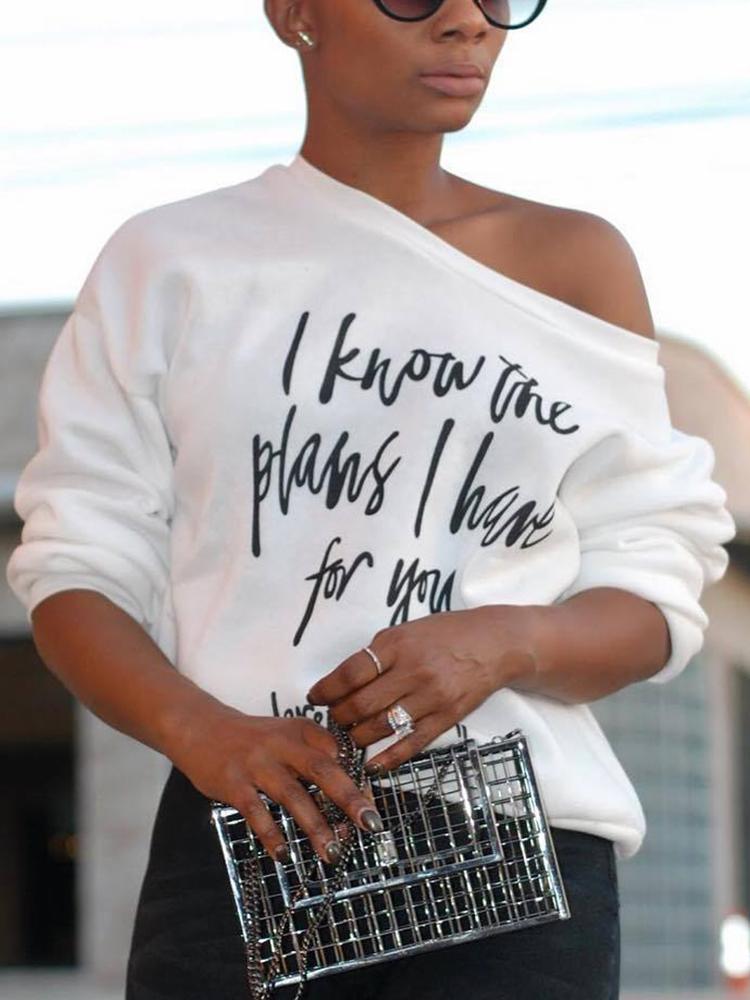 

Skew Neck Letter Print Long Sleeve T-shirt, White