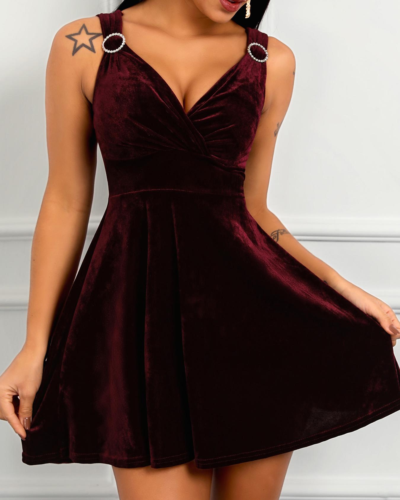 

Velvet Ruched Pleated Mini Dress, Wine red