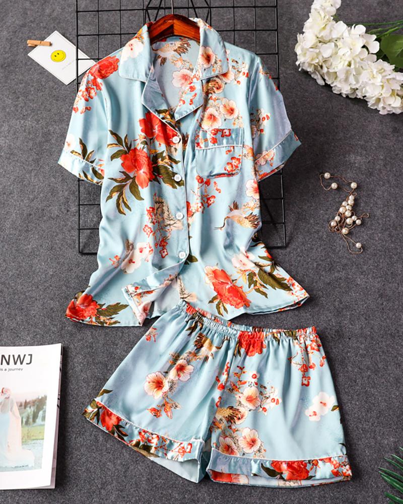

Floral Print Pocket Design Pajamas Set, Light blue