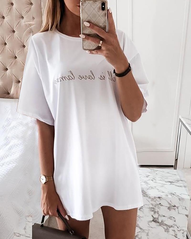 

Letter Pattern Short Sleeve Casual T-shirt Dress, White