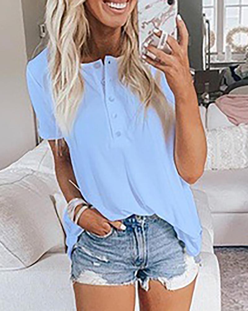 

Solid Bottoned Design Casual T-shirt, Blue