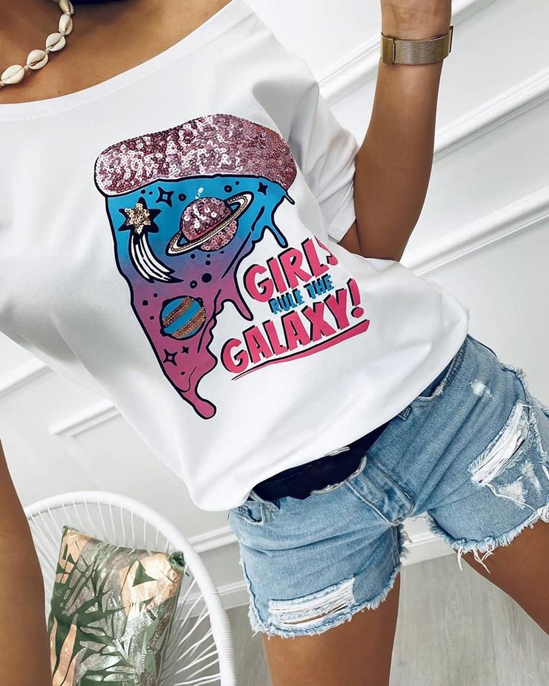

Letter Print Sequins Cold Shoulder T-Shirt, White