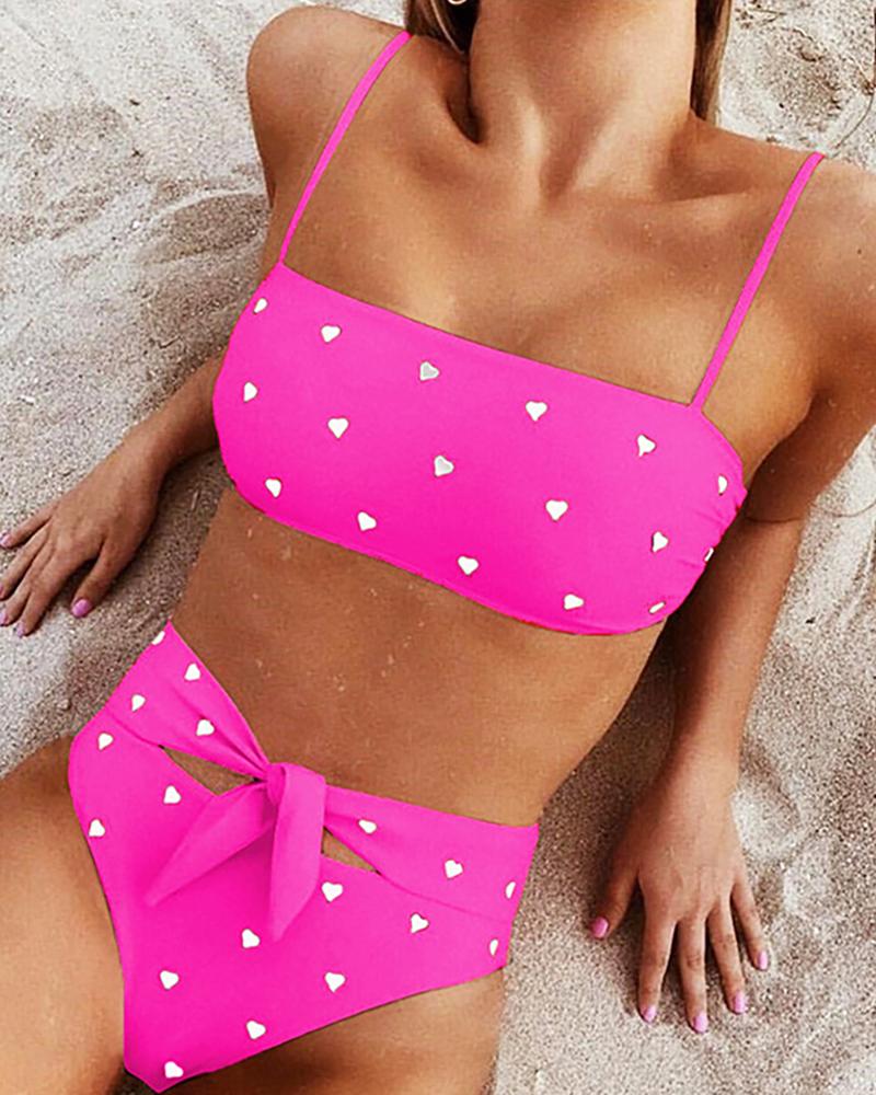 

Heart Print Spaghetti Strap Bikini Sets, Hot pink
