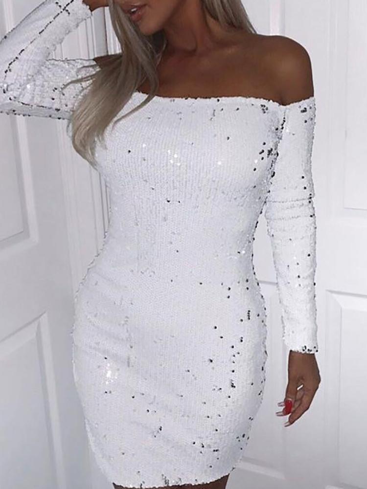 

Sequins Off Shoulder Long Sleeve Bodycon Dress, White