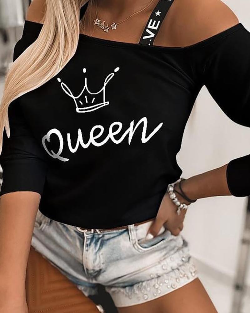 

Cold Shoulder Letter Print Sweatshirt, Black