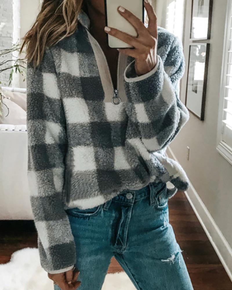 

Zipper Design Long Sleeve Fluffy Plaid Sweatshirt, Gray