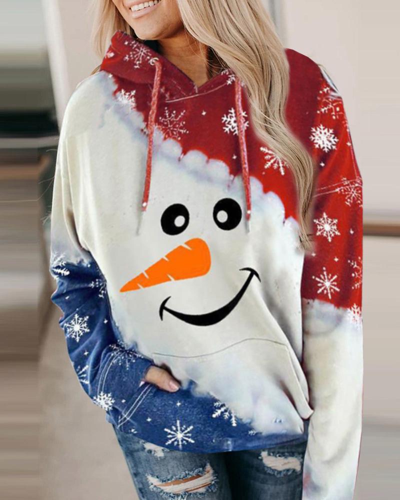 

Christmas Print Colorblock Casual Hoodie, Red