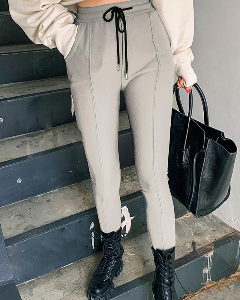 

Solid Pocket Design Drawstring Casual Pants, Beige