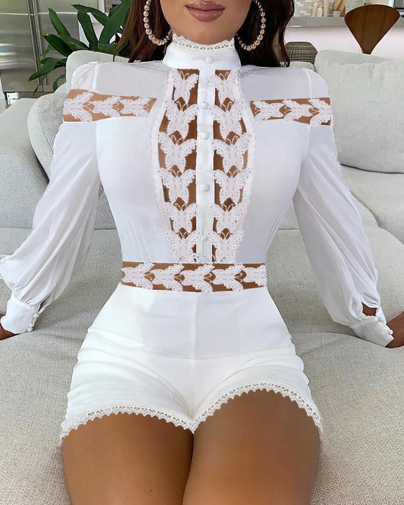 

Butterfly Pattern Puff Sleeve Hollow-out Lace Romper, White
