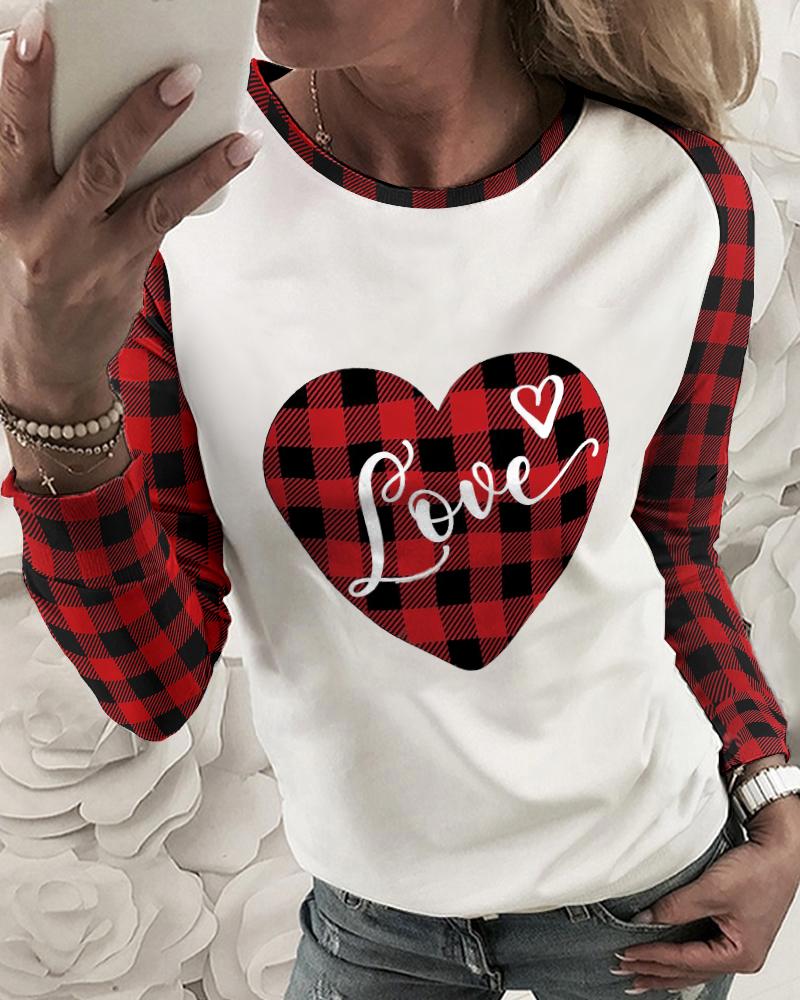 

Plaid Heart Print Long Sleeve Top, White