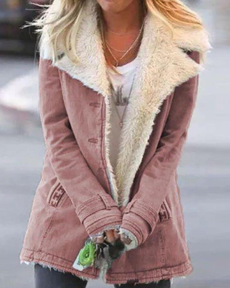 

Button Pocket Design Fluffy Super Thick Denim Coat, Pink