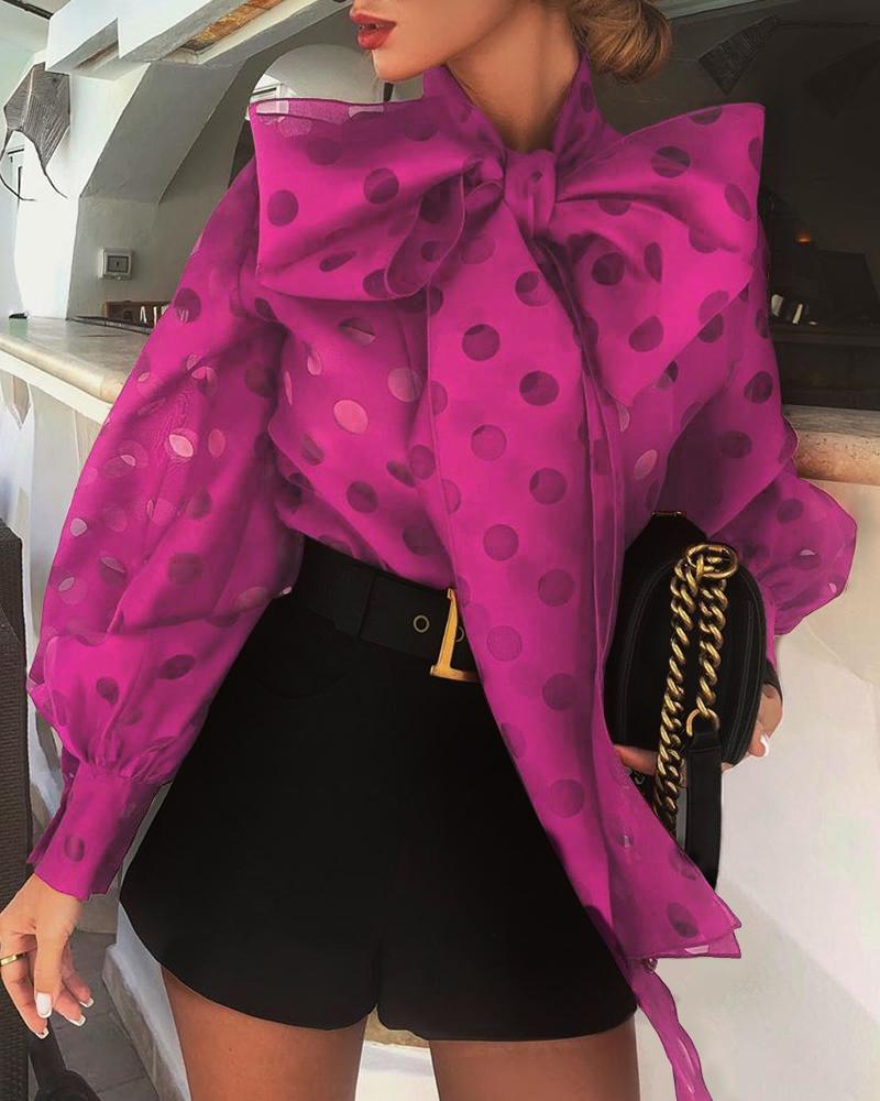 

Dot Hollow Out Lantern Sleeve Knotted Blouse