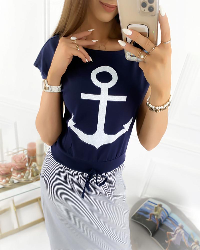 

Boat Anchor Print Striped Casual Dress, Blue