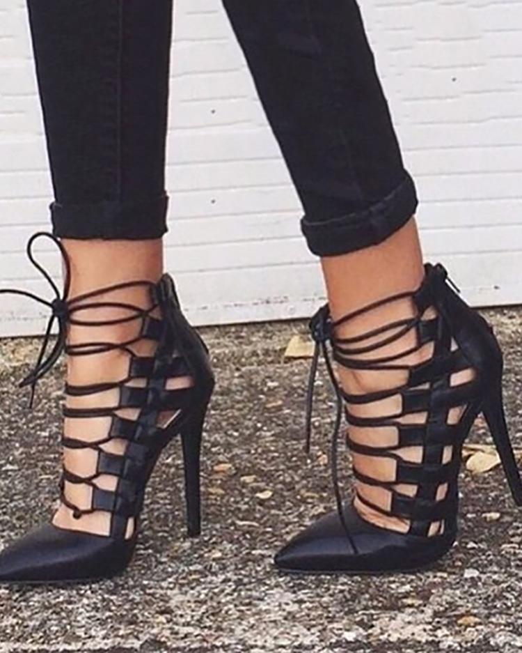 

Sexy Hollow Cross Lace Up Stiletto High Heels, Beige;black