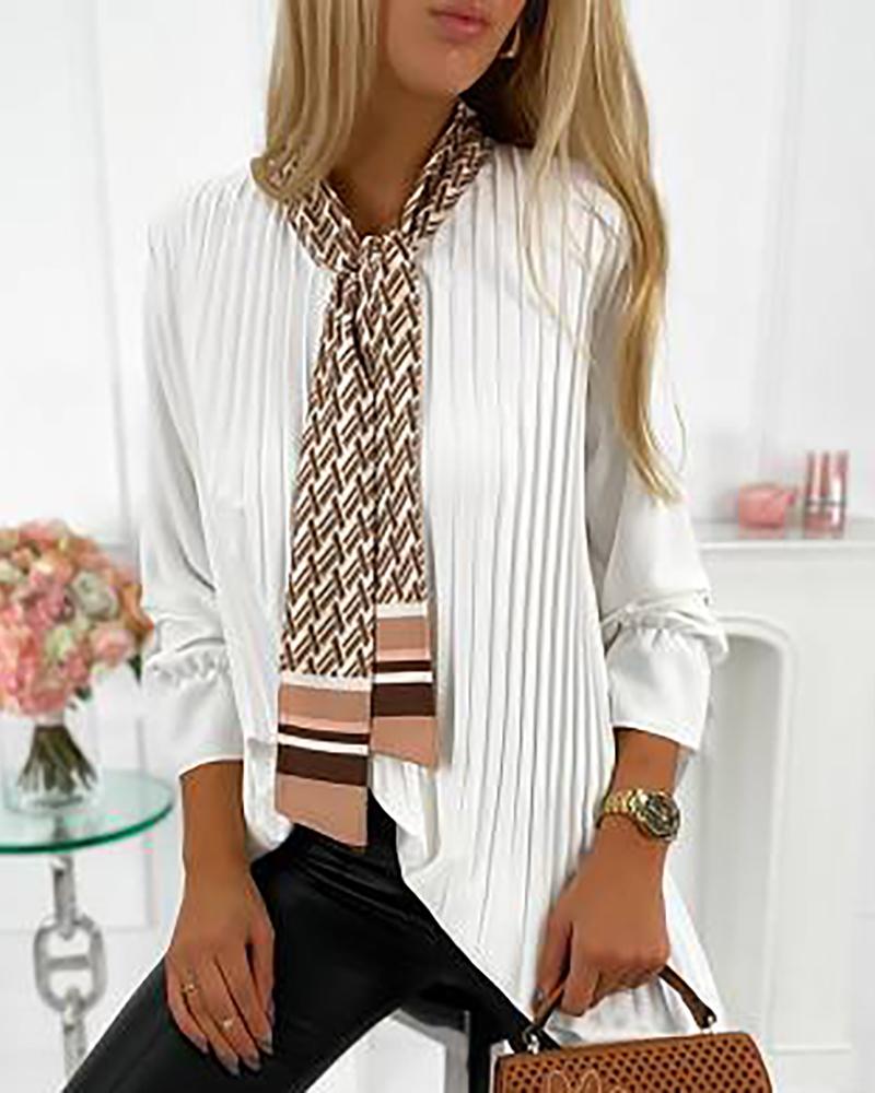 

Tie Neck Long Sleeve Ruched Blouse, White