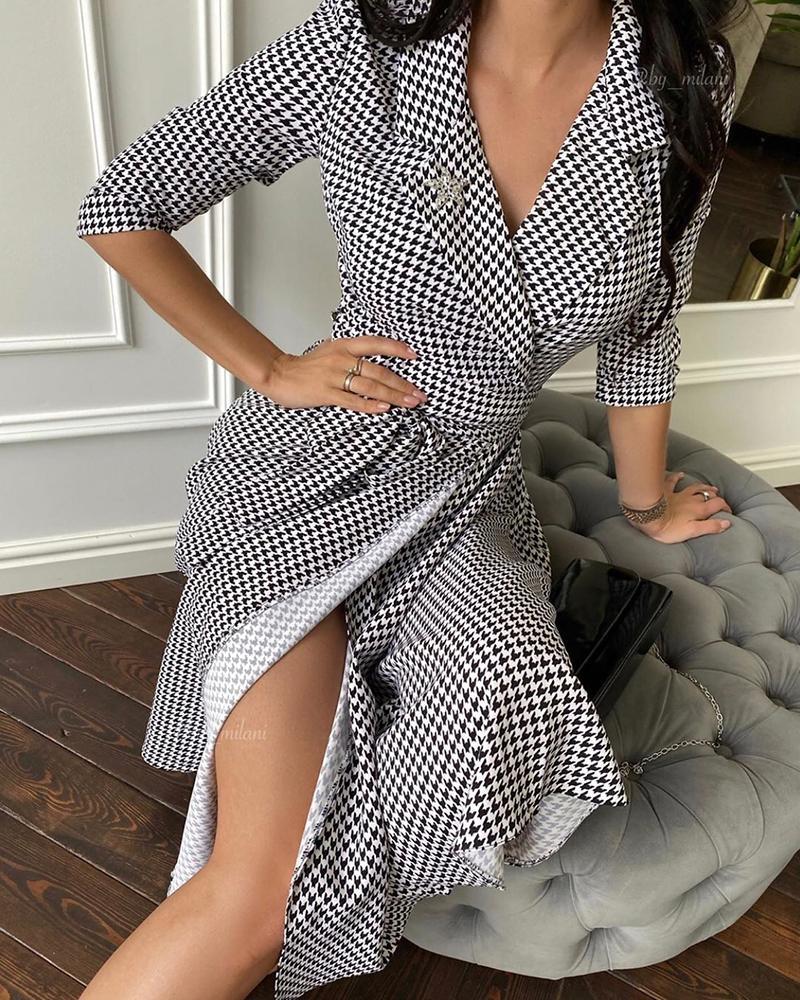 

Houndstooth High Slit Maxi Dress, Black