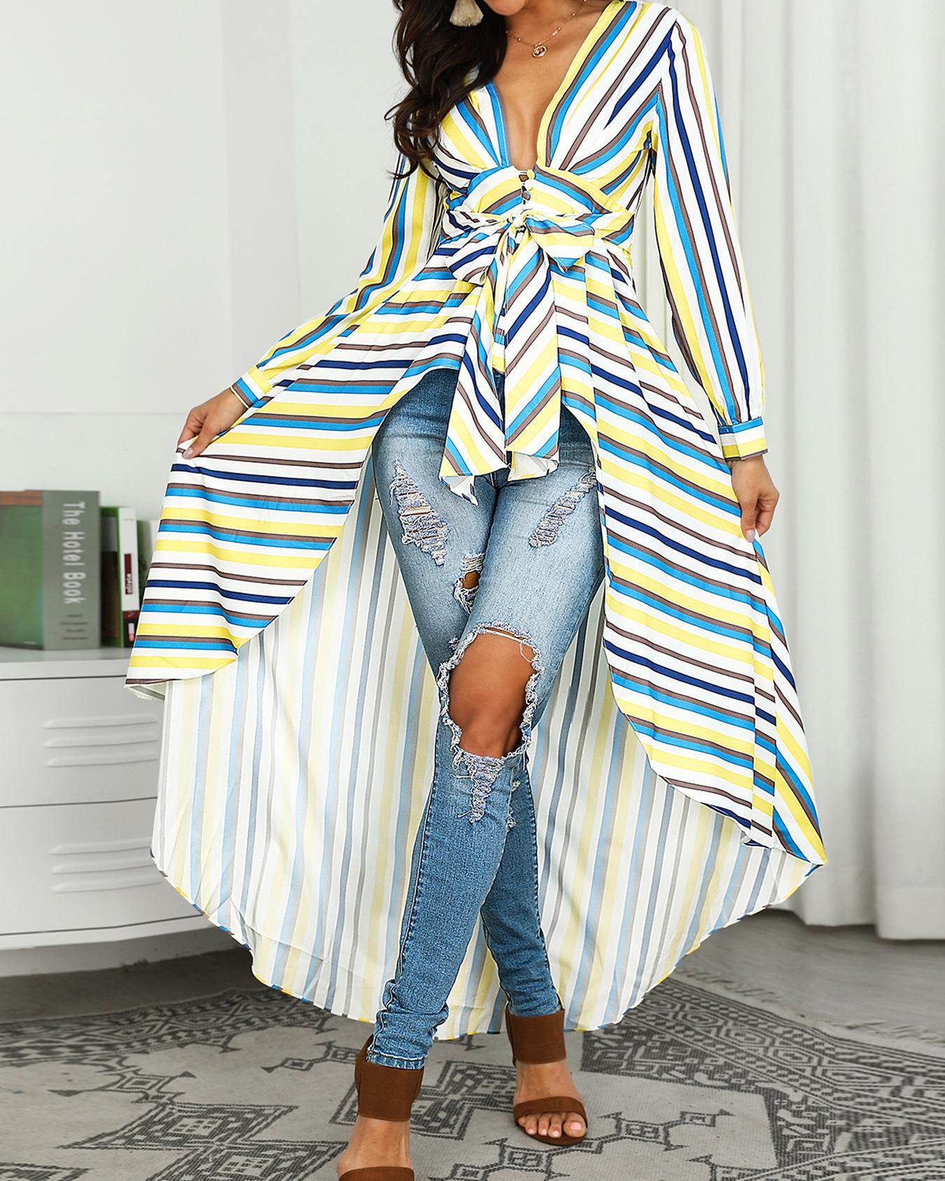 

Colorful Striped Dip Hem Shirt