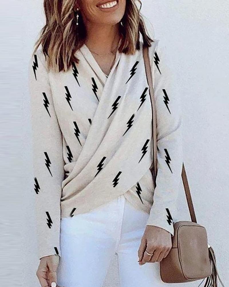 

Long Sleeve Lightning Print Casual Blouse, Beige