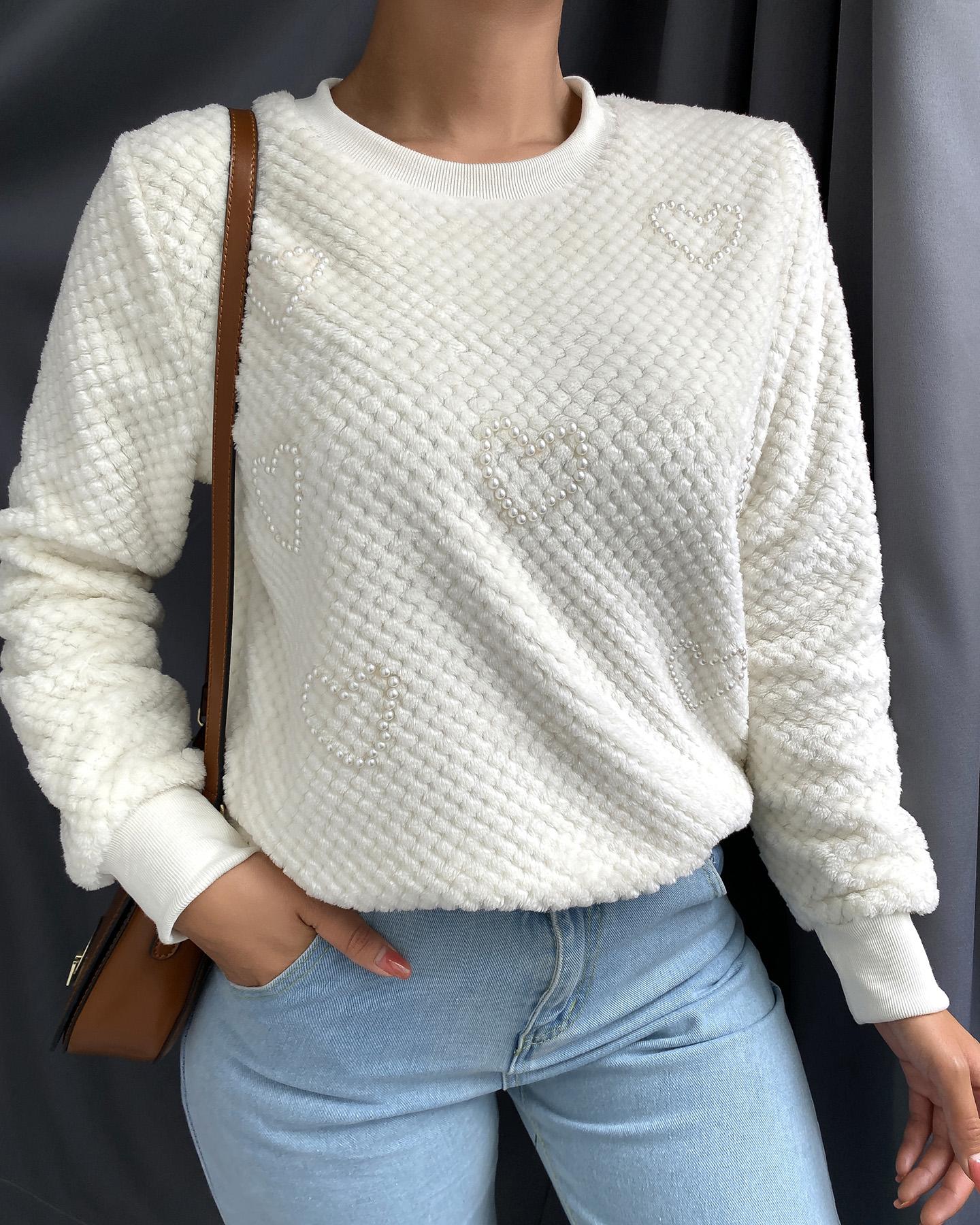 

Plain Beaded Long Sleeve Sweater, White