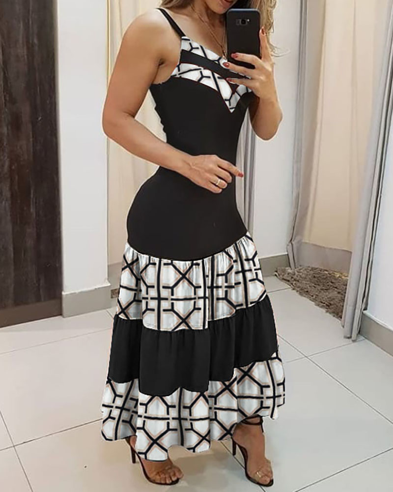 

Thin Strap Colorblock Ruched Maxi Dress, Black