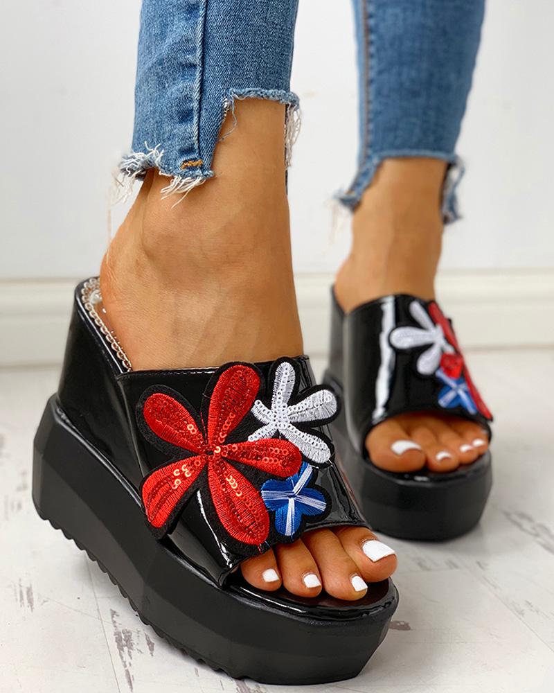 

Floral Embroidery Platform Wedge Muffin Sandals, Black