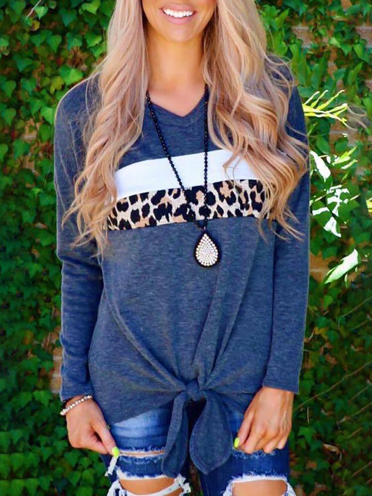 

Leopard & Striped Splicing Tied Front T-Shirt, Blue