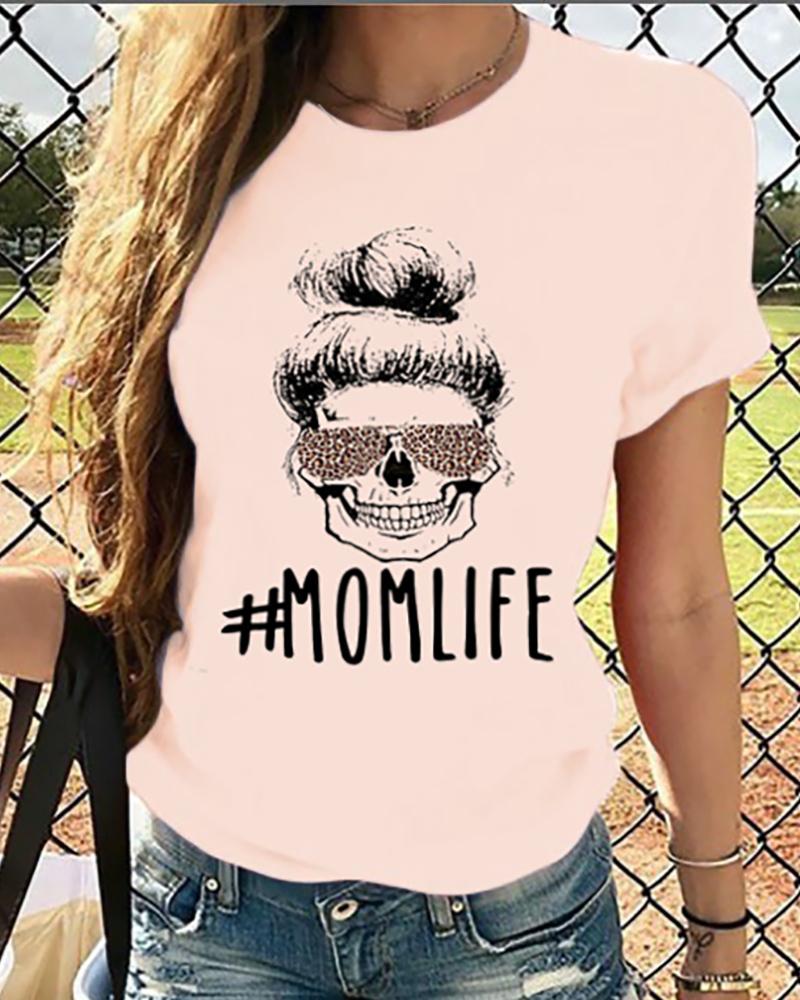 

Letter Print Skull Pattern Short Sleeve T-shirt, Pink