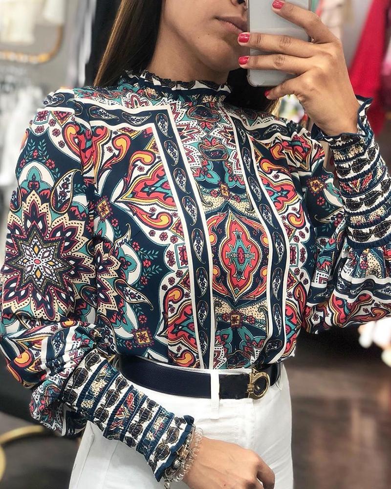 

Frill Hem Retro Print Blouse, Purplish blue