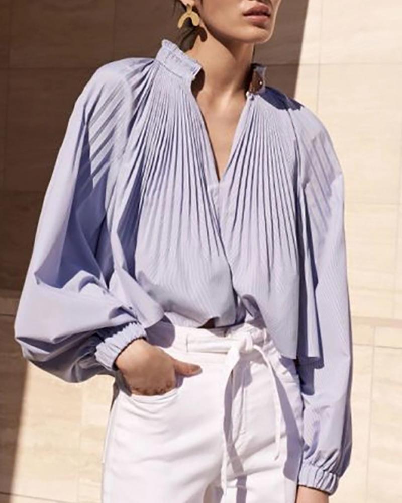 

V-Neck Lantern Sleeve Pleated Trim Blouse, Blue