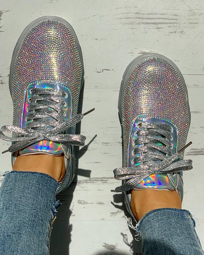 

Studded Lace-Up Casual Platform Sneakers, Silver
