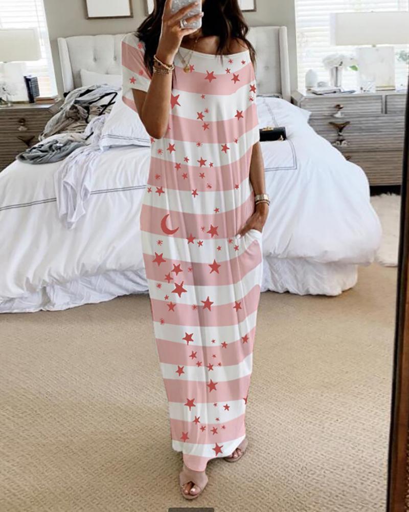 

Striped Star Moon Print Casual Dress, Pink