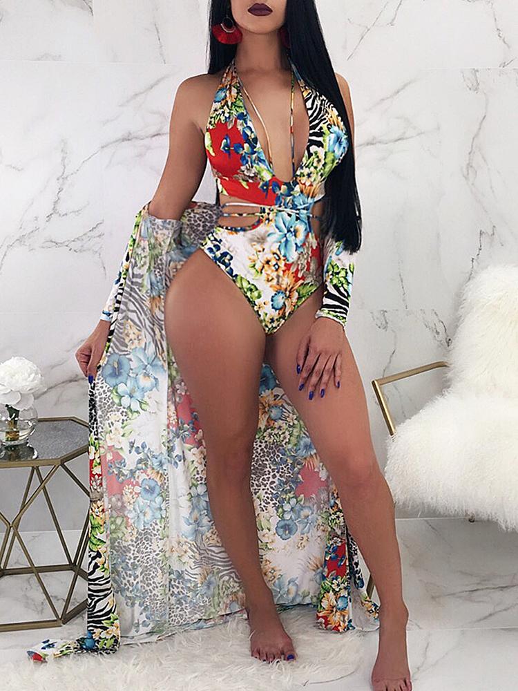 

Floral Print Strappy One-piece With Cover Up Sets, Multicolor
