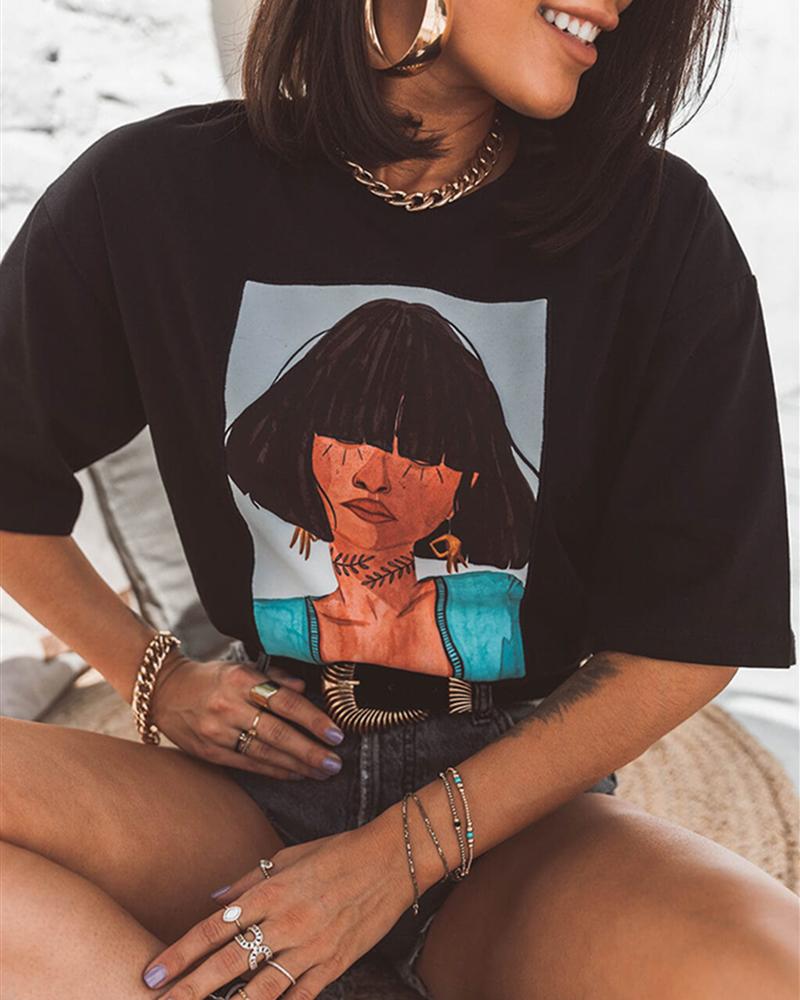 

Figure Print Half Sleeve Casual T-shirt, Black