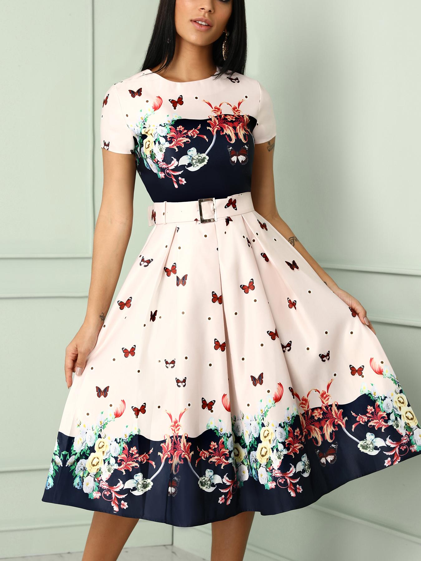 

Butterfly Print Short Sleeve Belted Pleated Dress, Nude