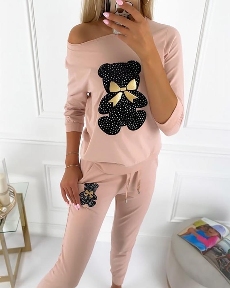 

Bear Bowknot Pattern Top & Drawstring Pants Set, Pink