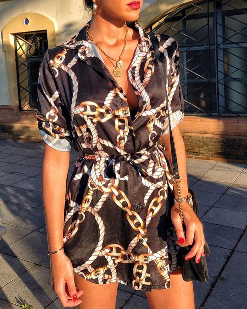 

Short Sleeve Rope Print Shirt Dress, Black