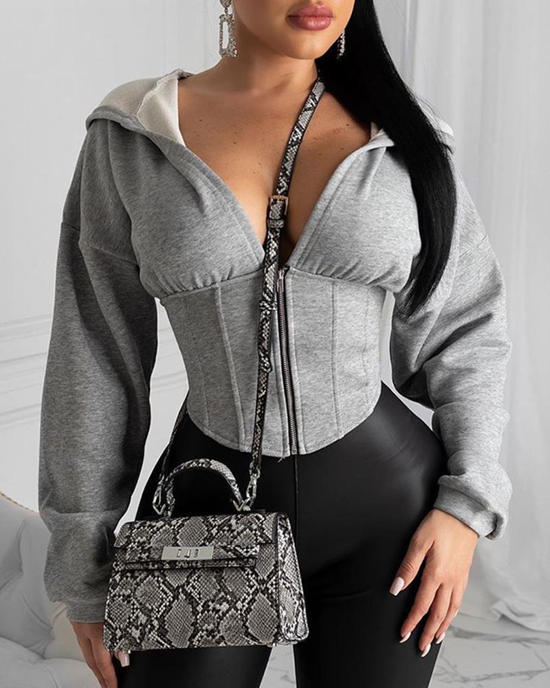 

Solid Tight Waist Hooded Zipper Sweatshirt, Gray