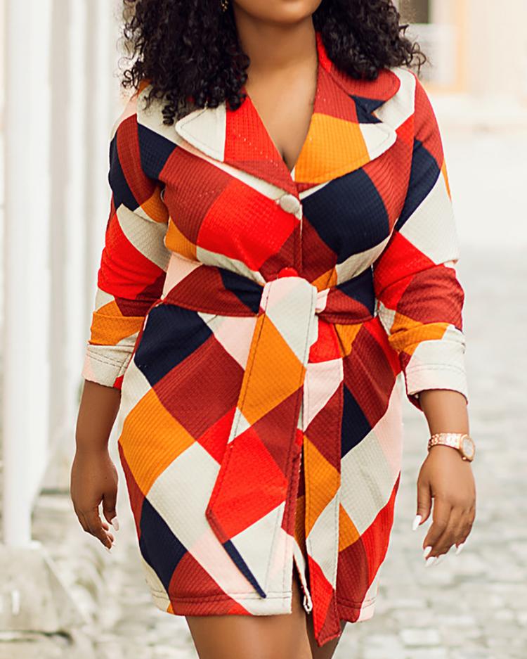 

Colorful Geometric Print Belted Mini Dress, Red