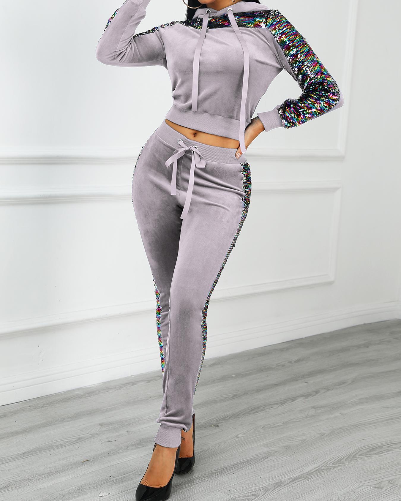 

Contrast Sequin Insert Velvet Hooded Top & Pant Sets, Gray