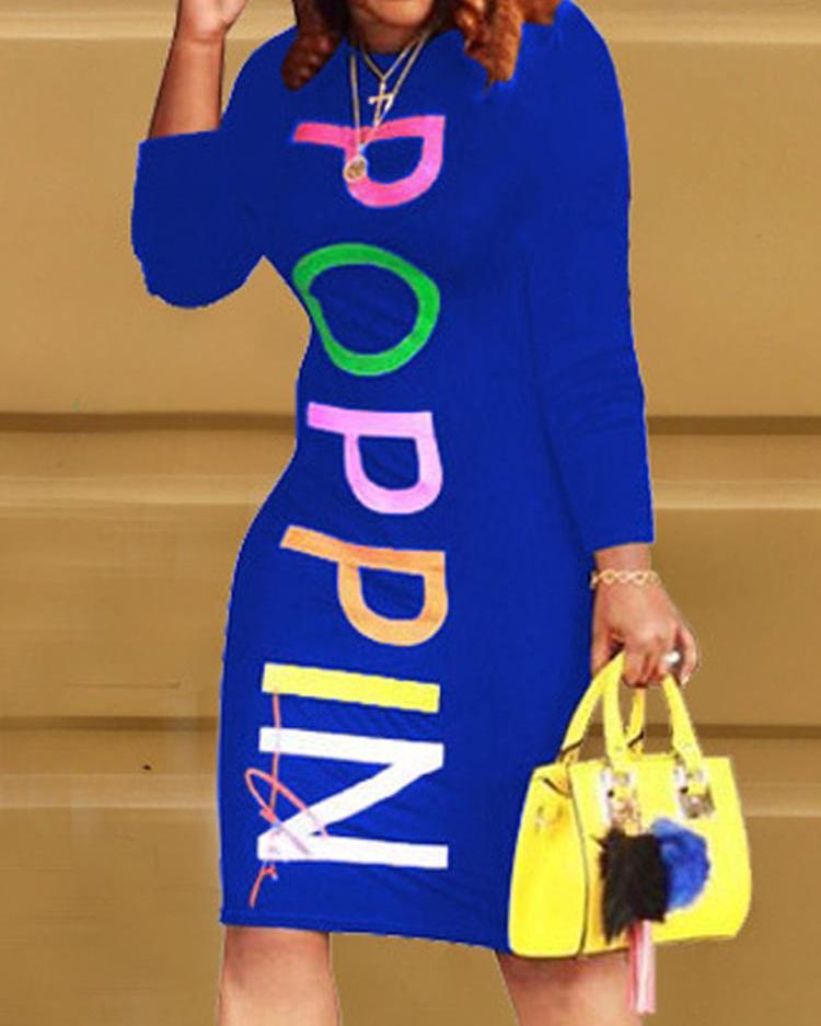 

Letter Print Long Sleeve Bodycon Dress, Blue