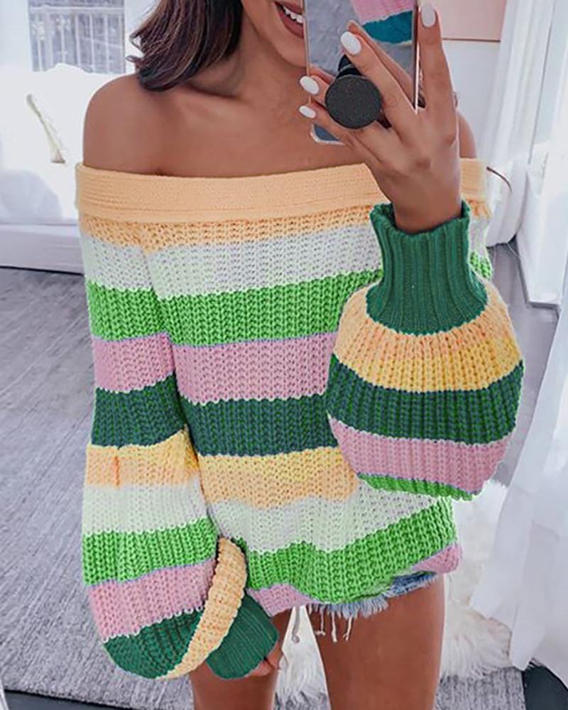 

Off Shoulder Striped Insert Casual Sweater, Yellow