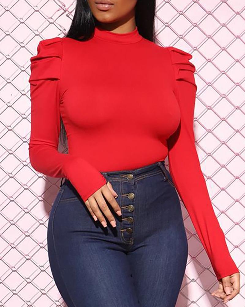 

Solid Puffed Sleeve Knit Top, Red