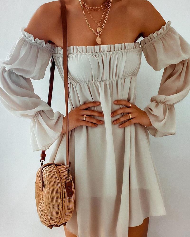 

Solid Long Sleeve Off Shoulder Ruffles Loose Dresses, Apricot