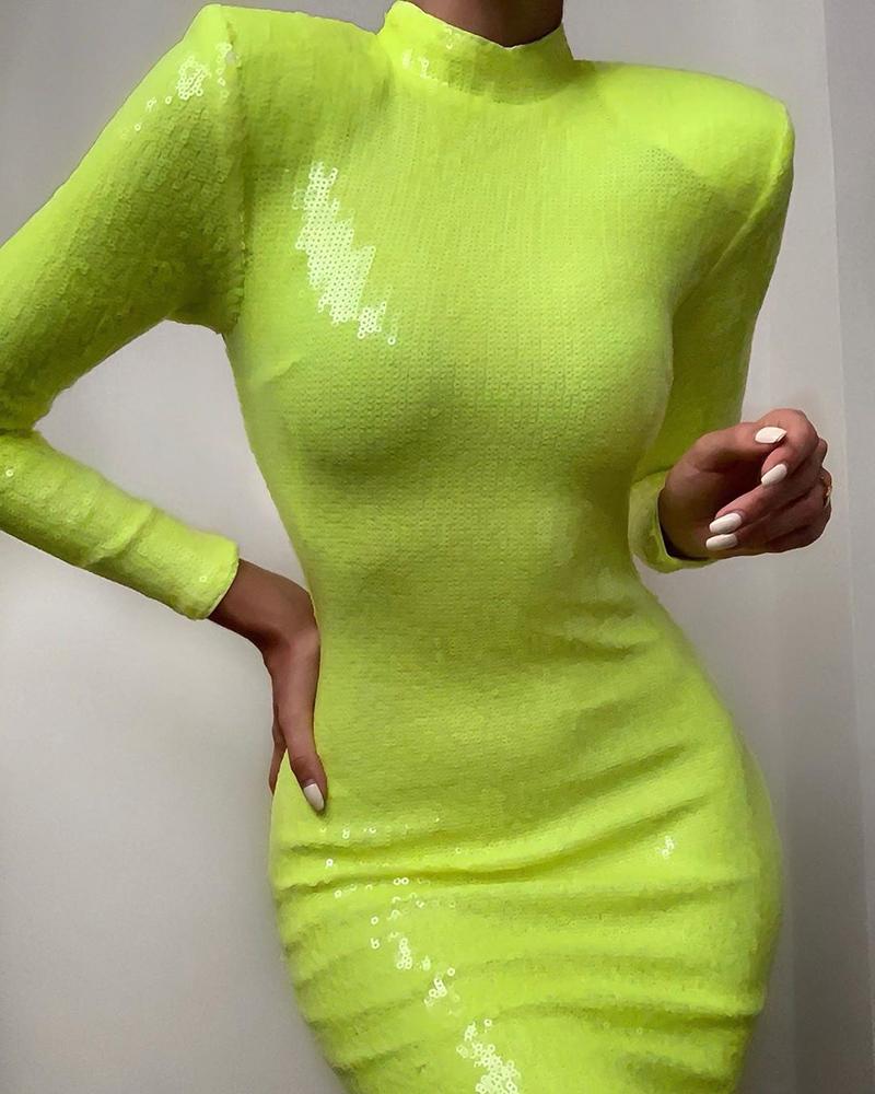 

Sequins Long Sleeve Zipped Bodycon Dress, Light yellow