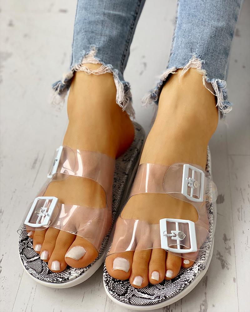 

Transparent Buckle Design Flat Sandals, Snakeskin