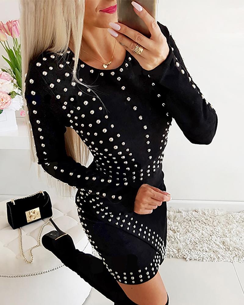 

Studded Long Sleeve Bodycon Dress, Black