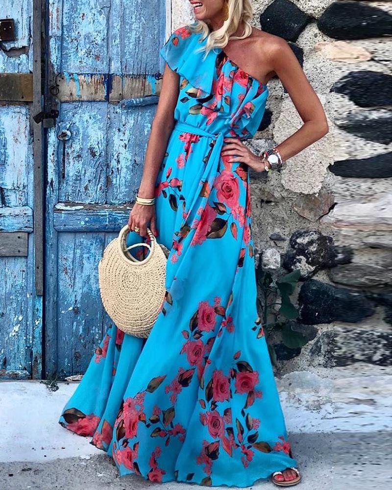 

Floral Print One Shoulder Ruffles Maxi Dress, Blue
