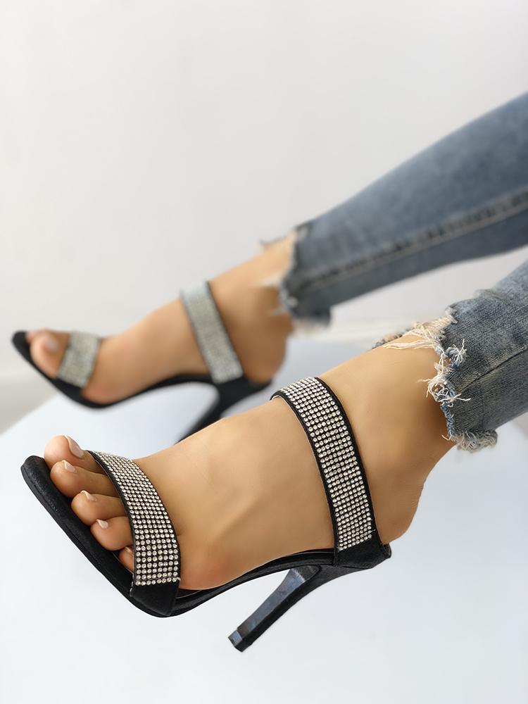 

Shiny Embellished Thin Heeled Sandals, Black