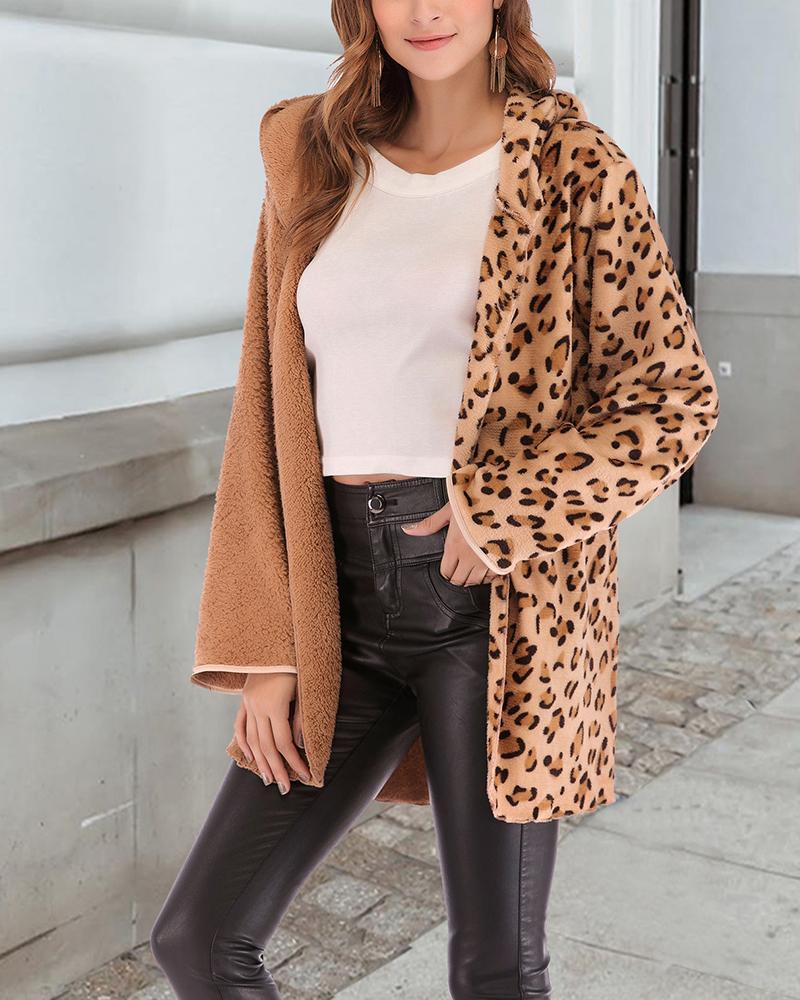 

Cheetah Print Long Sleeve Fluffy Casual Coat, Khaki
